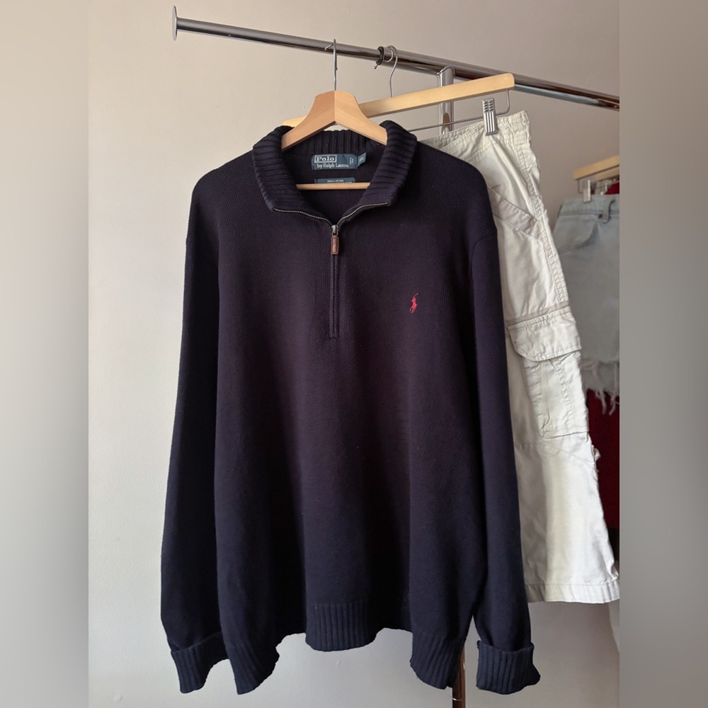 1990s Soft Navy Blue Ralph Lauren Quarter Zip Sweater